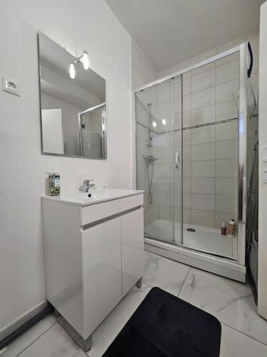 une salle de bain blanche avec une douche et un lavabo dans l'établissement Charmant Coty pour 4 personnes, Hypercentre, au Havre