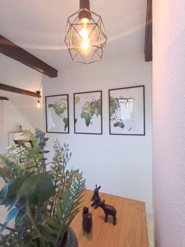 a room with a table with a plant and a lamp at Large Double Room In The Center Of City in Randers