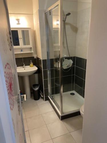 une salle de bain avec douche et lavabo dans l'établissement La Marée, à Portbail