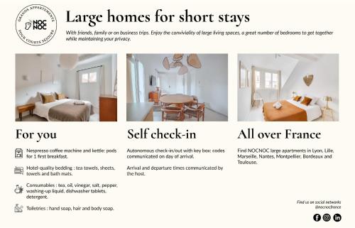 une page d'un dépliant pour une chambre d'hôtel avec un lit et une table dans l'établissement Nocnoc - La Permanence, à Marseille