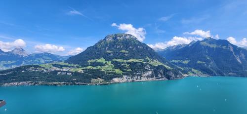 a mountain with a blue lake in front of it at SoloHike MountainView in Seelisberg