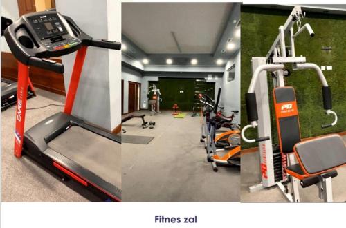 two pictures of a gym with a treadmill at Ахсикент отель in Namangan