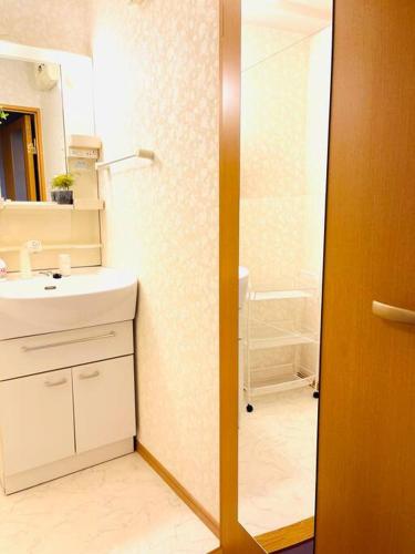 a bathroom with a white sink and a mirror at 新小岩デメテル303 in Tokyo