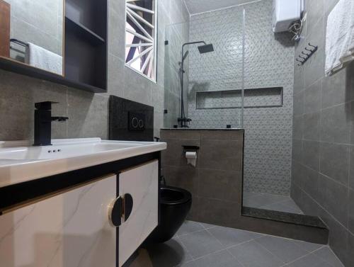 a bathroom with a sink and a toilet and a shower at Cozy 1 BR APT in Kampala on Mutungo Hill in Kampala