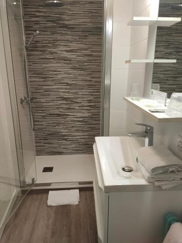a bathroom with a shower and a white sink at Hôtel de la Grotte in Aix-les-Bains