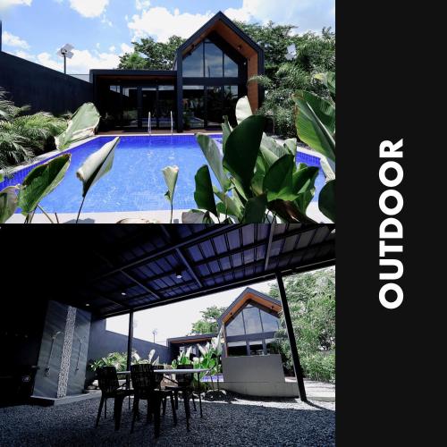 a house with a pool and a table and chairs at Privé Cabin in Bacolor