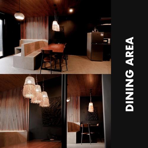 two pictures of a dining room with a table and chairs at Privé Cabin in Bacolor