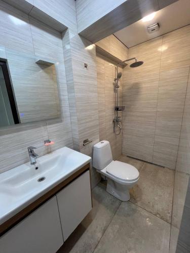 a bathroom with a toilet and a sink and a shower at Cottages - Townhouses in Ureki
