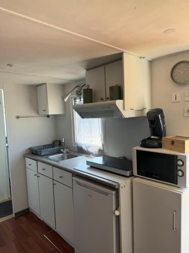 une petite cuisine avec des armoires blanches et un micro-ondes dans l'établissement Mobilhome pleine campagne, à Arles