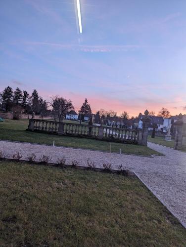 a plane flying in the sky over a park at Schloss Hotel Colmdorf in Bayreuth