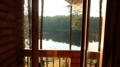 a window view of a lake from a cabin at Namelis Pušyne in Pailgis