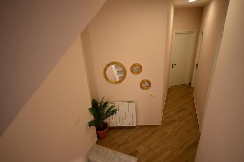 a hallway with a mirror and a potted plant at Labu Hotel in Tbilisi City