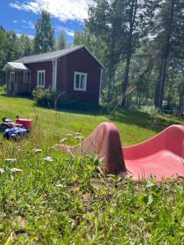 a person laying in the grass in a field at Arctic Hearts - Kleines Schwedenhaus im Wald am See in Jörn