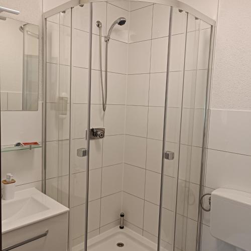 a shower with a glass door in a bathroom at Hotel Ari in Kaiserslautern