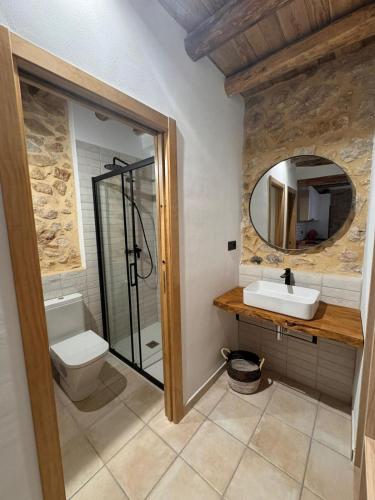 a bathroom with a toilet and a sink and a mirror at Casas rurales La Fuente I in Villora