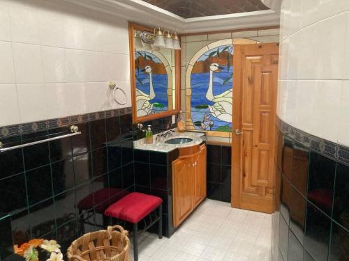 a bathroom with a sink and a mirror at Casa Cabo, Bungalow & Surf in Cabo San Lucas