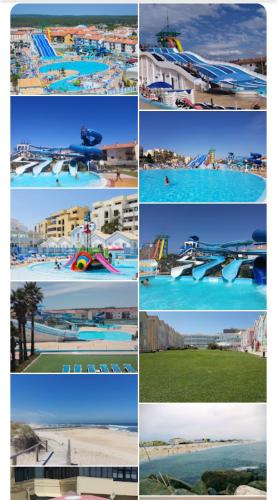 a collage of photos of a water park at Casa da alegria in Vieira de Leiria