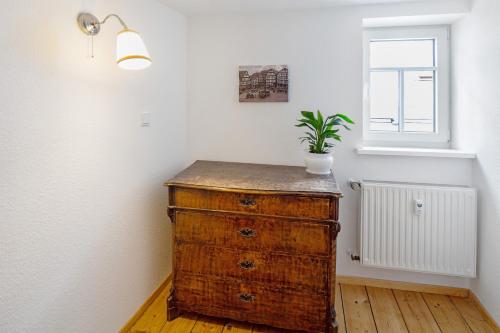 a wooden dresser in a room with a potted plant at Ferienwohnung Omi Anni in Schlitz