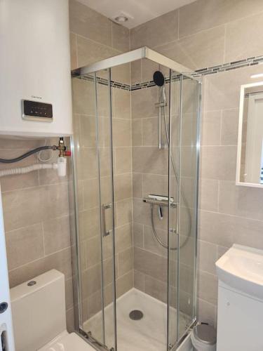 une douche avec une porte vitrée dans une salle de bain dans l'établissement Superbe studio à MONTMARTRE, à Paris