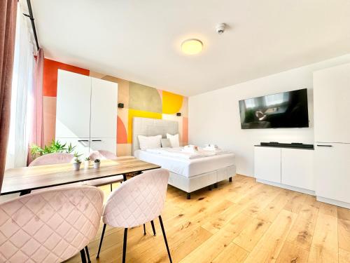 Postel nebo postele na pokoji v ubytování Stylische Wohnung mit Balkon