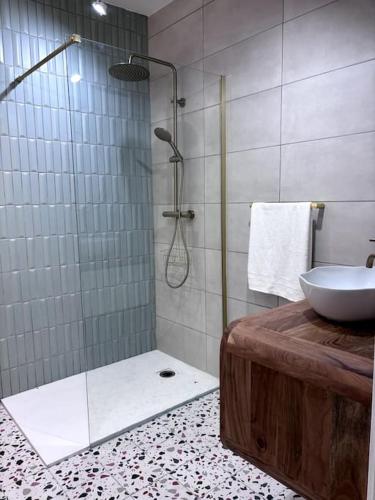 une salle de bain avec une douche avec un lavabo et une baignoire dans l'établissement La maison de Vaina et Marius, à La Seyne-sur-Mer