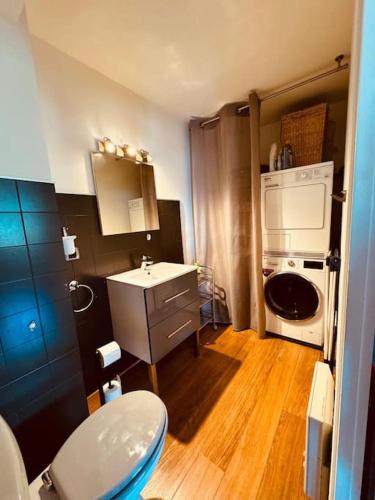 une petite salle de bain avec toilettes et lavabo dans l'établissement Loft vue sur Lac d'Annecy et Montagnes, à Annecy