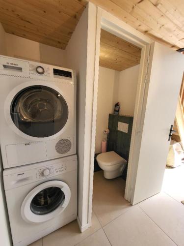 La salle de bains est pourvue d'un lave-linge et d'un sèche-linge. dans l'établissement PartDieu, rénové, climatisation !, à Lyon