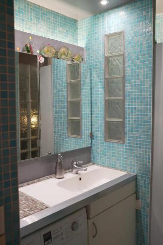une salle de bain avec un lavabo et un miroir dans l'établissement Appartement charmant à Paris 48 m² avec terrasse de 20 m², à Paris