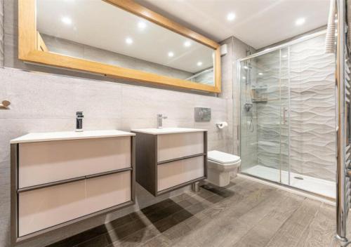 a bathroom with a sink and a toilet and a shower at Cottage In The Wood in Great Malvern