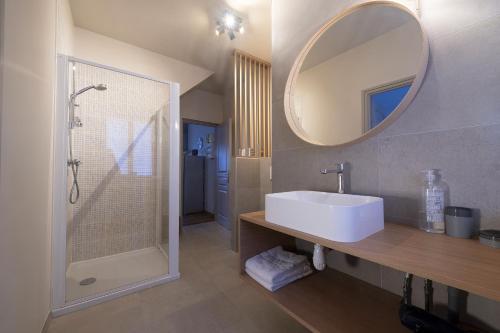 une salle de bain avec un lavabo et une douche avec un miroir dans l'établissement MUSCAT - Bel appartement rénové récemment - au pied du vignoble - parking gratuit, à Riquewihr