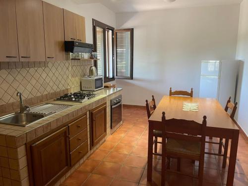 a kitchen with a sink and a table with a counter top at Villa Sorrentina in Alghero