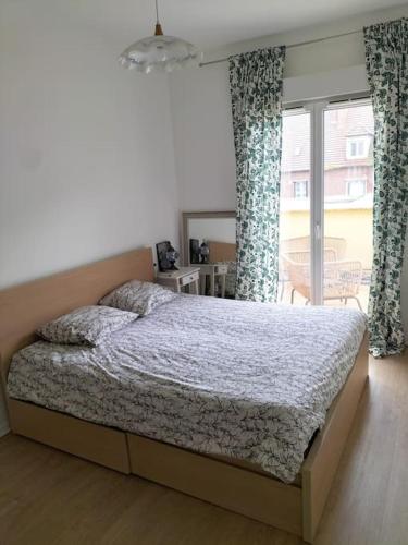 une chambre avec un lit et une grande fenêtre dans l'établissement Cosy flat in Beauvais city center, à Beauvais