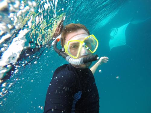 a person wearing a diver mask in the water at Biosphere Inn in Dharavandhoo