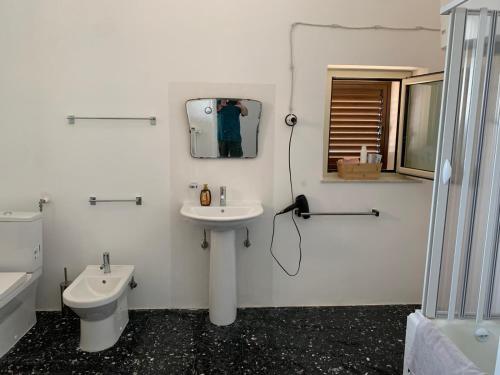 a bathroom with a sink and a toilet and a mirror at Bed & Breakfast StudioArcodia- in San Marco dʼAlunzio