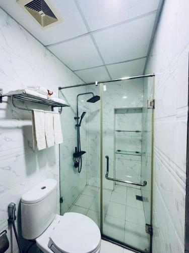 カットバ島にあるChu Long Hotel & Spaのバスルーム(ガラス張りのシャワー、トイレ付)
