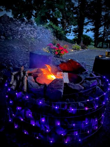 a fire pit with purple lights in a yard at Birch Tree Cottage in Westport