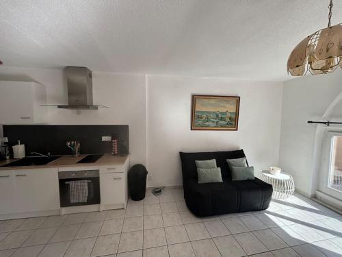 un salon avec un canapé et une cuisine dans l'établissement Appartement 4 personnes à 100M de la plage, à Banyuls-sur-Mer