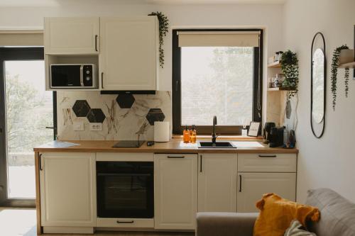 a kitchen with white cabinets and a counter top at Sibiu City Lights in Şura Mare