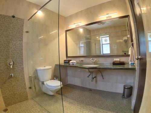 a bathroom with a toilet and a sink and a shower at Thar Oasis Resort and Camp in Dechu