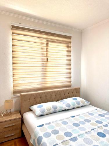 a bedroom with a bed with a window with blinds at Apartman T&A in Trebinje