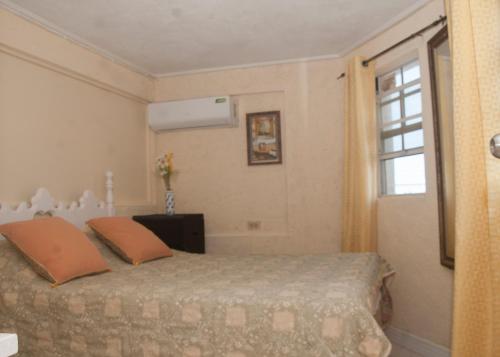 a bedroom with a bed with orange pillows and a window at Palm Tree Ville in Saint Peter