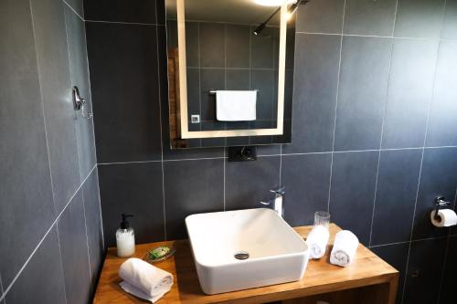 a bathroom with a white sink and a mirror at Adria Nord Chalets in Žabljak