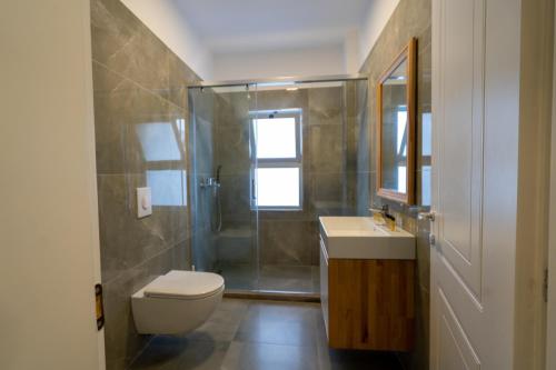 a bathroom with a shower and a toilet and a sink at Inheritor Resort in Lezhë