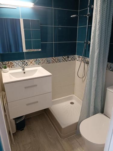 une salle de bain avec un lavabo, des toilettes et une douche dans l'établissement Studio Cap d'Agde, au Cap d'Agde
