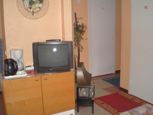 a tv sitting on top of a wooden cabinet at Jannseni Accommodation in Pärnu