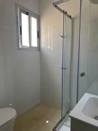 a bathroom with a shower and a toilet and a sink at Hostal Arrate in Madrid