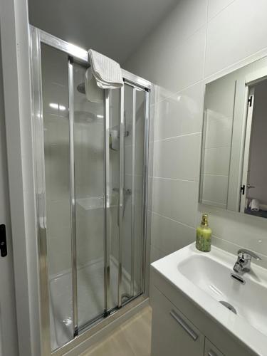a bathroom with a glass shower and a sink at Hostal Arrate in Madrid