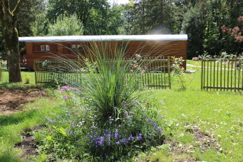 a garden with flowers and a shed in the background at Les roulottes a Sandie in Thionville