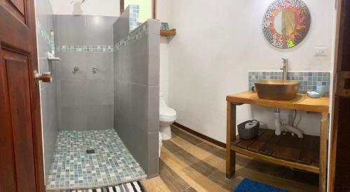 a bathroom with a sink and a shower with a toilet at Caribbean Retreats in Cocles