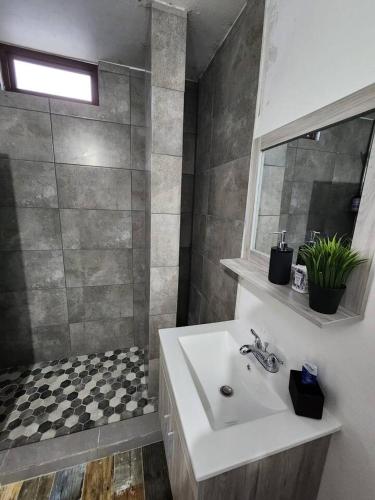 un baño con lavabo y ducha en White Paradise Seaside Haven Relax and Unwind, en Vega Baja